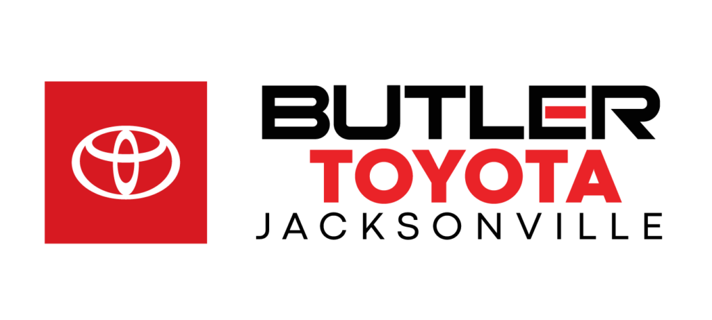 Butler Toyota Logo. Red background with white image. Butler in Black. Toyota in Red. Jacksonville in small type and black below.