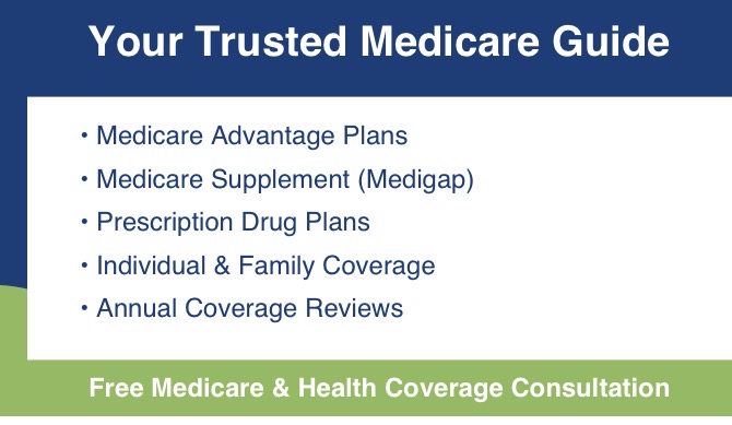 Blue header with white text-Your Trusted Medicare Guide. White background with blue bullet points, medicare Advantage plans, prescription drug plans, Individual and family coverage, Medigap