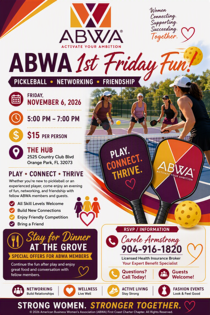 ABWA logo 1st Friday Fun on a flyer with the with people playing pickle ball and two pickle ball paddles, November 6, 2026, 5-7 pm $15